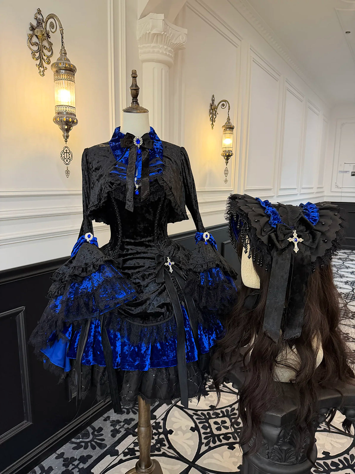 Sheer Ocean Dark Raven Poem blue JSK and jacket on mannequin