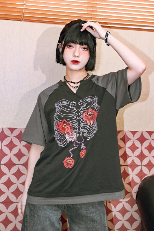 ボーンフラワーバイカラーラグラントップVネック