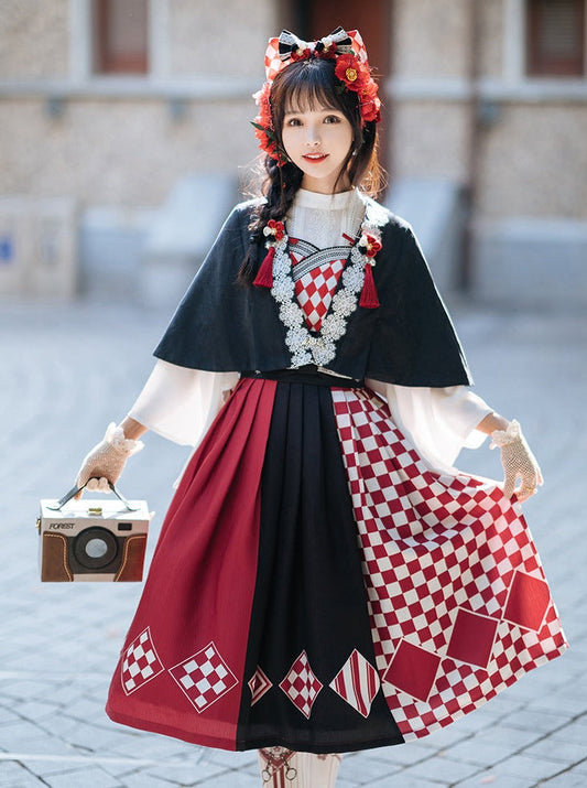 trumpet fur blouse cape + China accessories tassel scarf jumper skirt