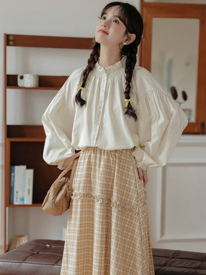 シャツネックハイリネンランタンスリーブ