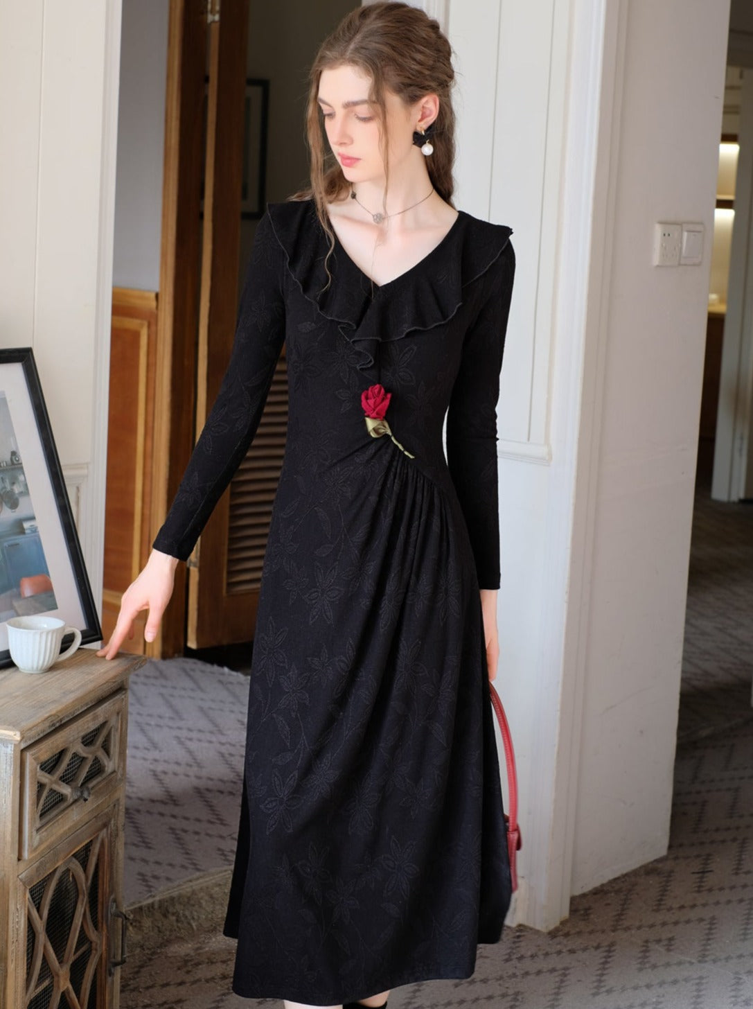 Rose Dress Chic Long Retro Dark Night
