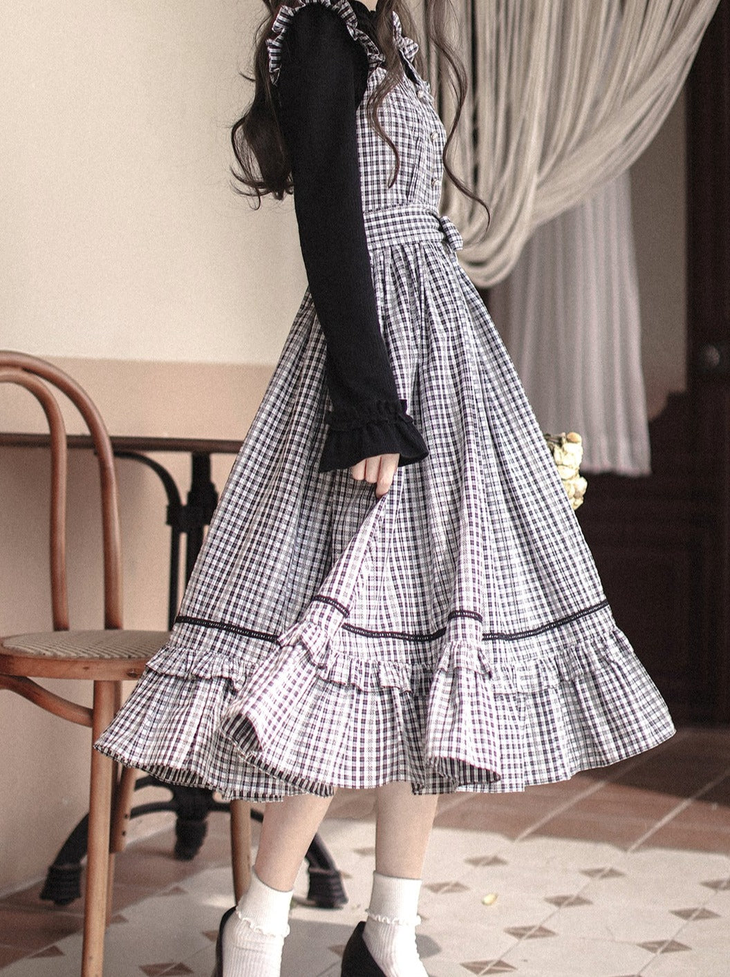 ラッフルフリルスカートサスペンダー+トップチェック