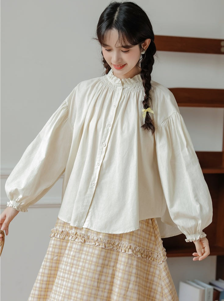 シャツネックハイリネンランタンスリーブ