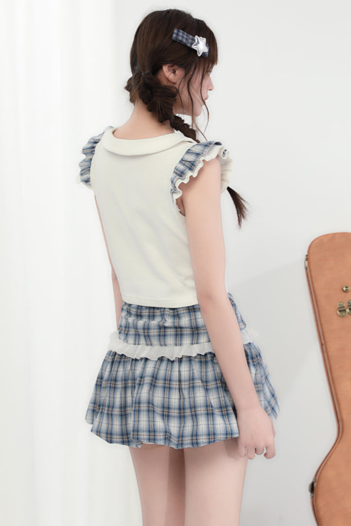 Minirock + Totenkopf-Kariertes Katzenoberteil ärmellos