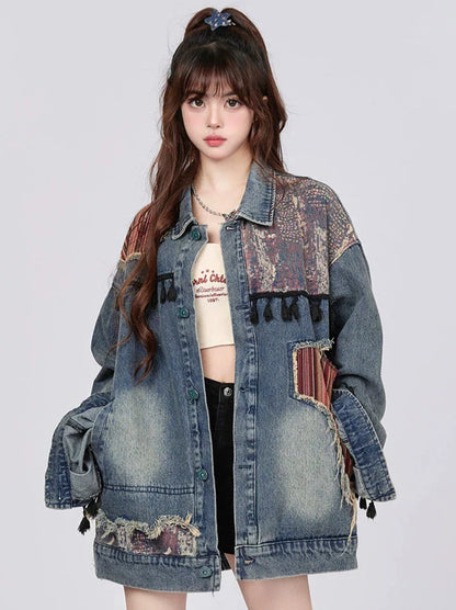 Jacket Retro Denim Ethnic Spliced