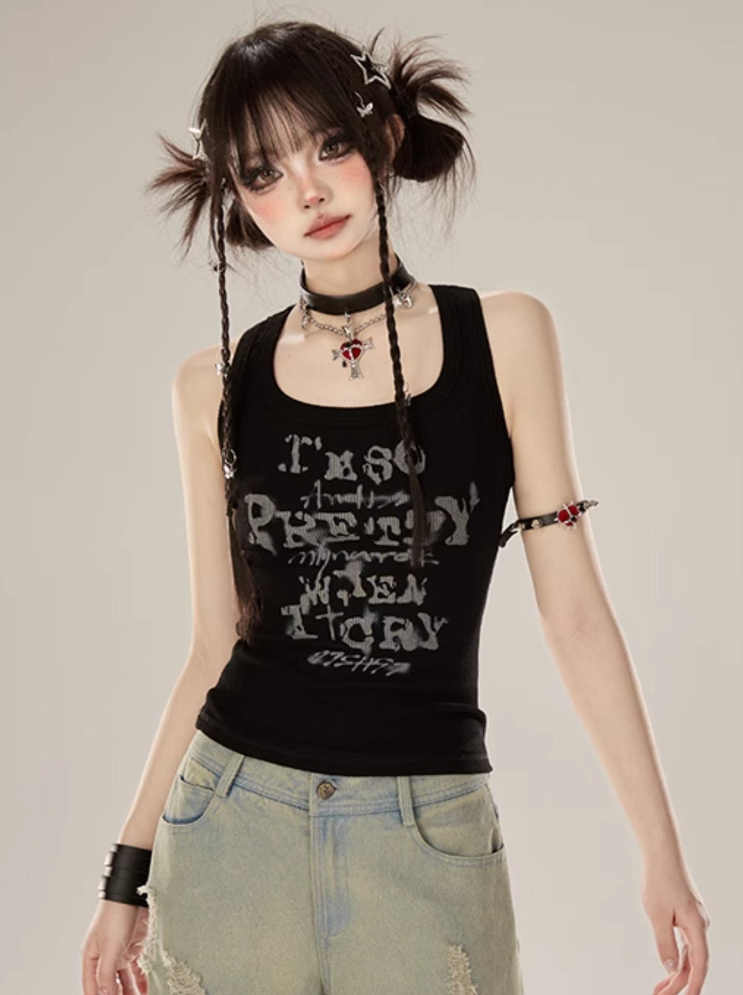 Tank Letter Schwarzes Top Amerikanischer Designdruck