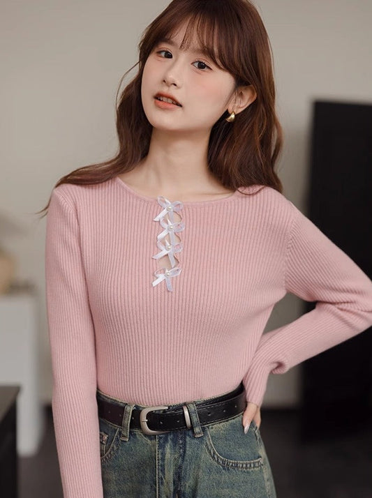Wool Neck Round Loose Slim Top Design Ribbon