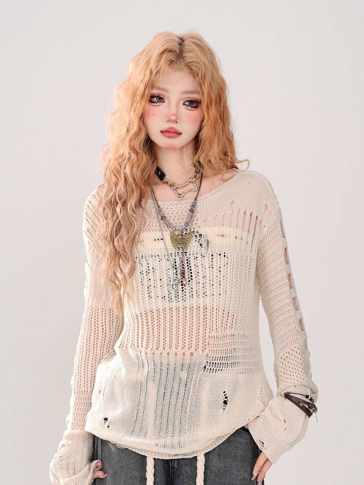 Summer Knit + Tube Top Openwork Sheer Ripped
