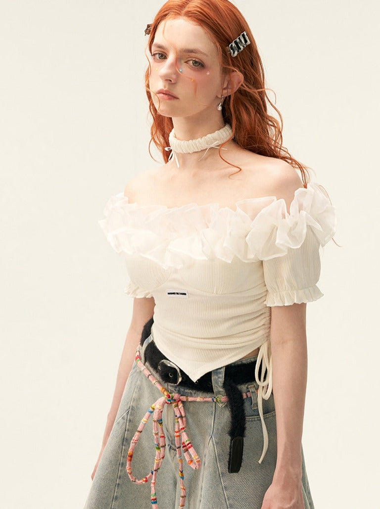 Spitzentop mit Schulterpartie und Tüll, hohes Blumenende, gestrickt