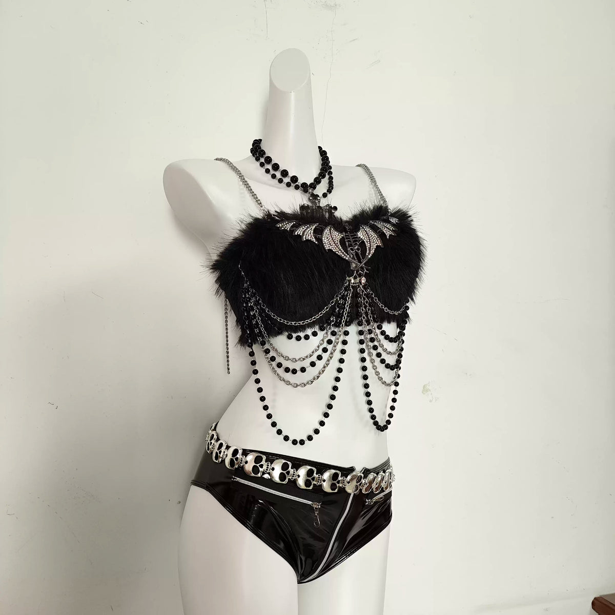Y2K Punk Dark Gothic Waist Cinching Fluffy PU Suit