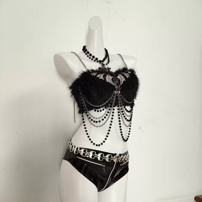 Y2K Punk Dark Gothic Waist Cinching Fluffy PU Suit