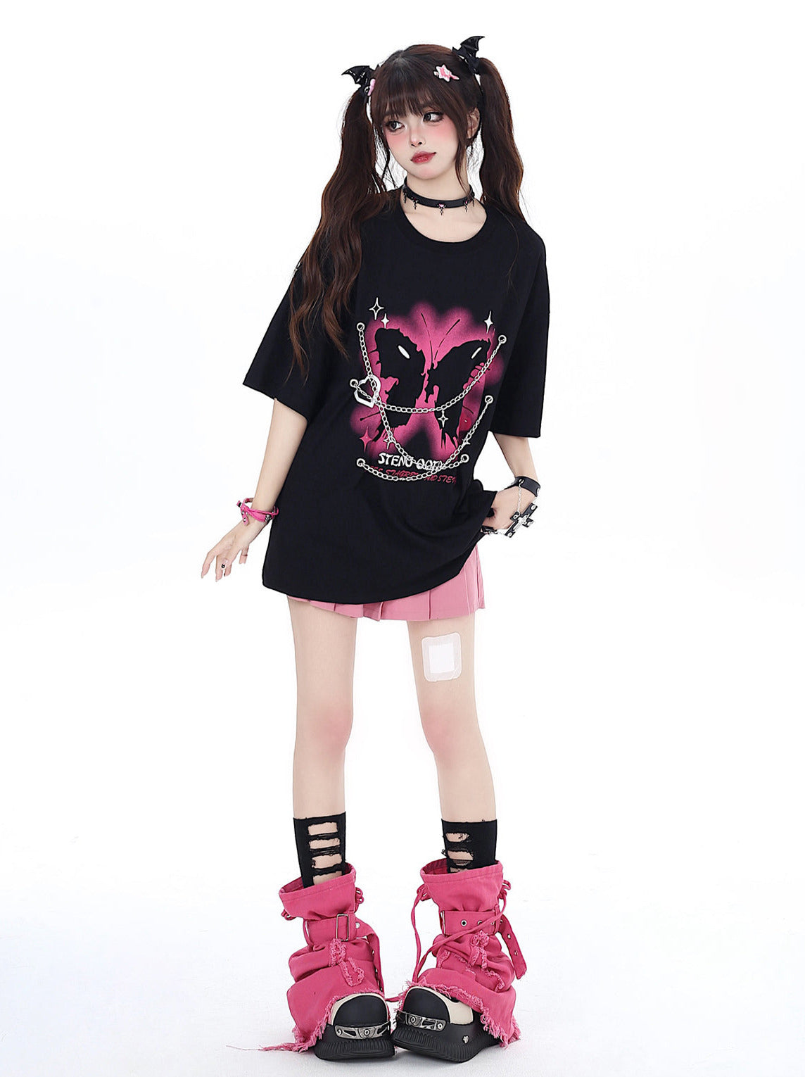 チェーンバタフライパンクロックアメリカンTシャツメタルプリント