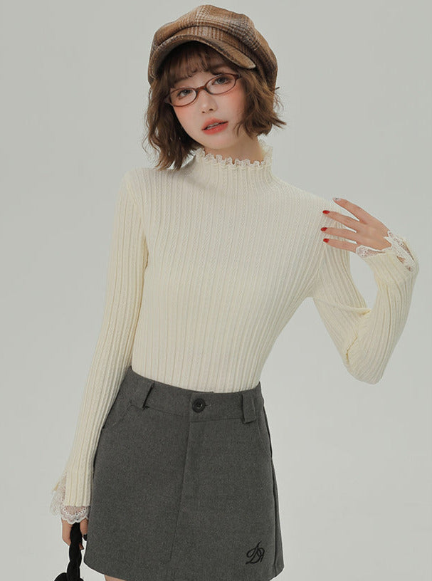 Knit Lace Turtleneck Half Splicing Top