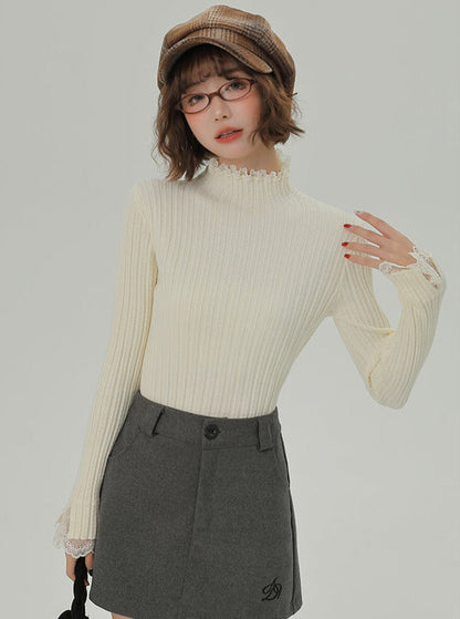Knit Lace Turtleneck Half Splicing Top