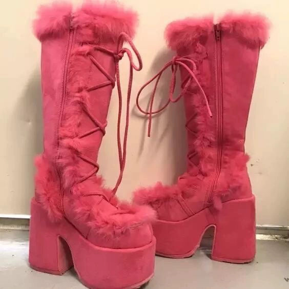 34-46 Y2K Snow Pu Fur Lace-up Thick Heel High Goth Platform Boots