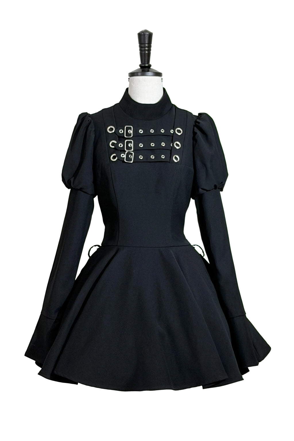 Steampunk Brown x Gothic Black Mode Buckle High Collar Puff Sleeve Doll Dress