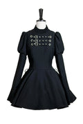 Steampunk Brown x Gothic Black Mode Buckle High Collar Puff Sleeve Doll Dress