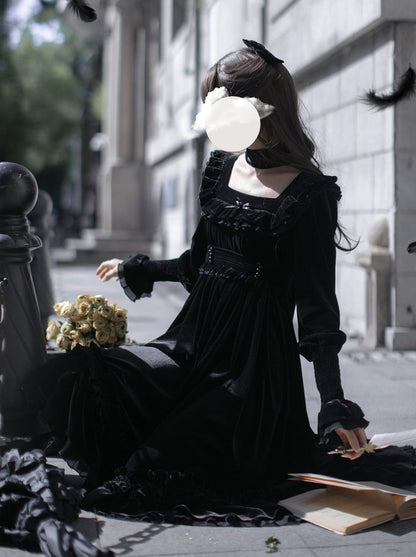 Belt Dress French Black Elegant Ribbon Collar Swan Retro + Square Velvet