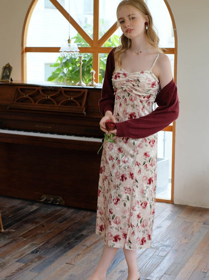 レトロドレス フラワーサスペンダー チェリーレッド