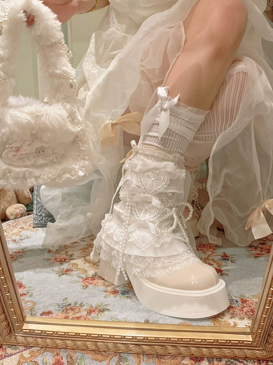 35-39 Retro Pearl Lace Platform Heel Ankle Boots