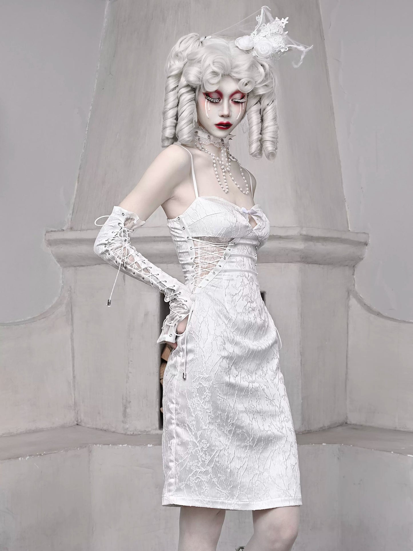 ホワイトストラップ スリーピング スリム ジャカード ダークアリス ゴシック ドレス サスペンダー