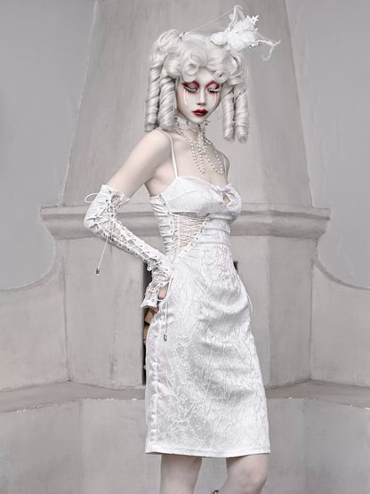 ホワイトストラップ スリーピング スリム ジャカード ダークアリス ゴシック ドレス サスペンダー