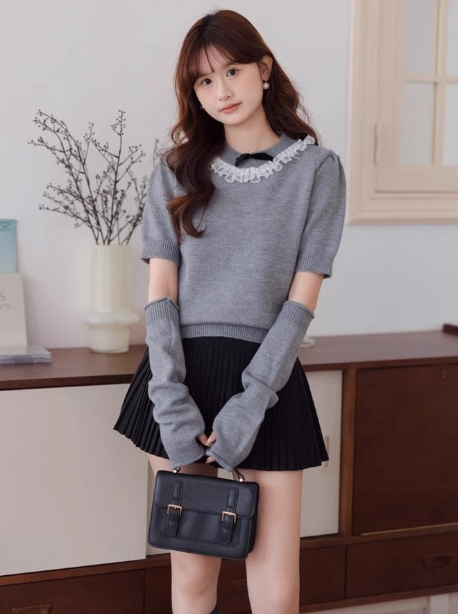 Lace Arm Ribbon Sweet Warmers Top Knit