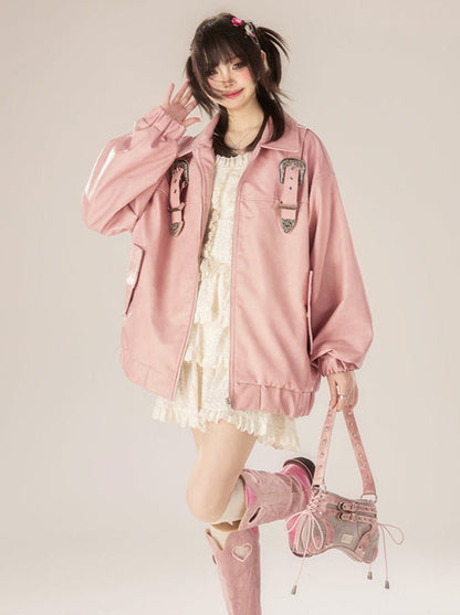 Jacket Retro Pink Design Leather Buckle Zip