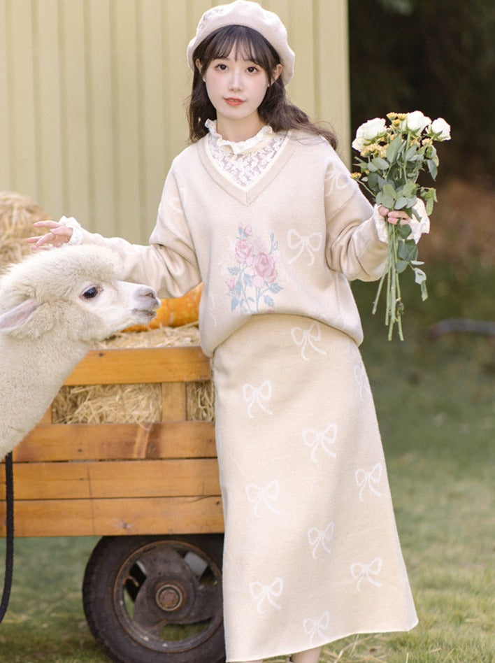 Vest Skirt Sweater + Yellow Jacquard Knit + Ribbon Knit