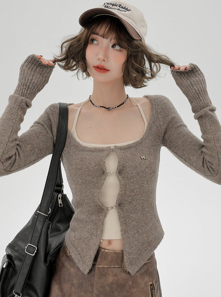 カーディガントップ レトロ サスペンダー スリム シャイニー アメリカン