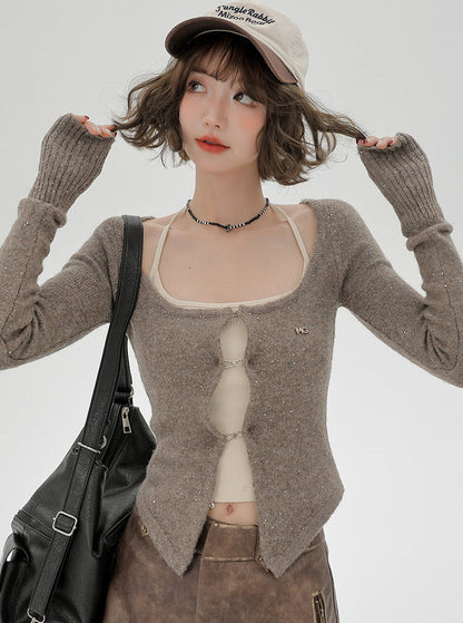 カーディガントップ レトロ サスペンダー スリム シャイニー アメリカン