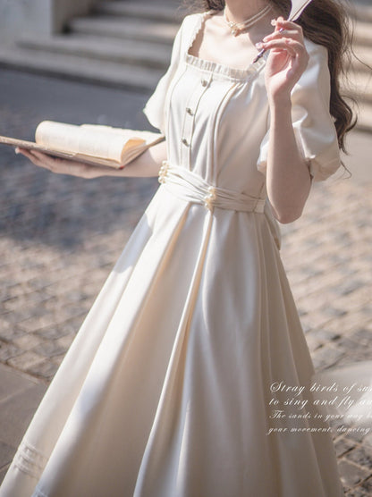 Satin Collar Square Apricot + Belt Retro Pearl Dress French