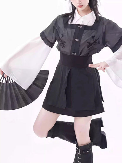 スリムな黒のチャイナスーツ、新しいホワイトデザインのウエスト