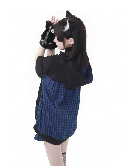 キャットブルーフィーディチェック耳デザインスーツサマーステッチストラップ