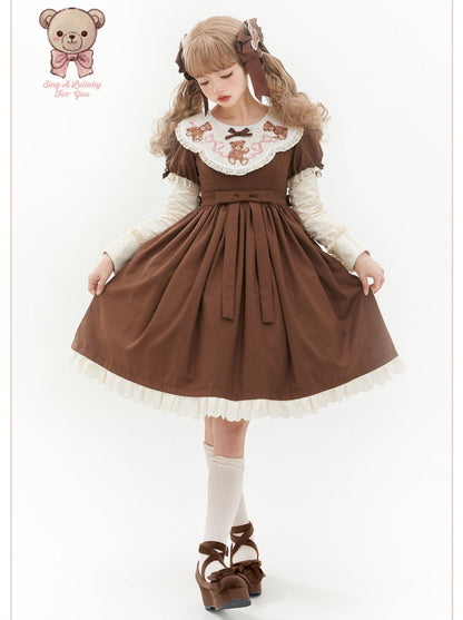 ロリータテディベアフラップレースパフスリーブリボンデレス