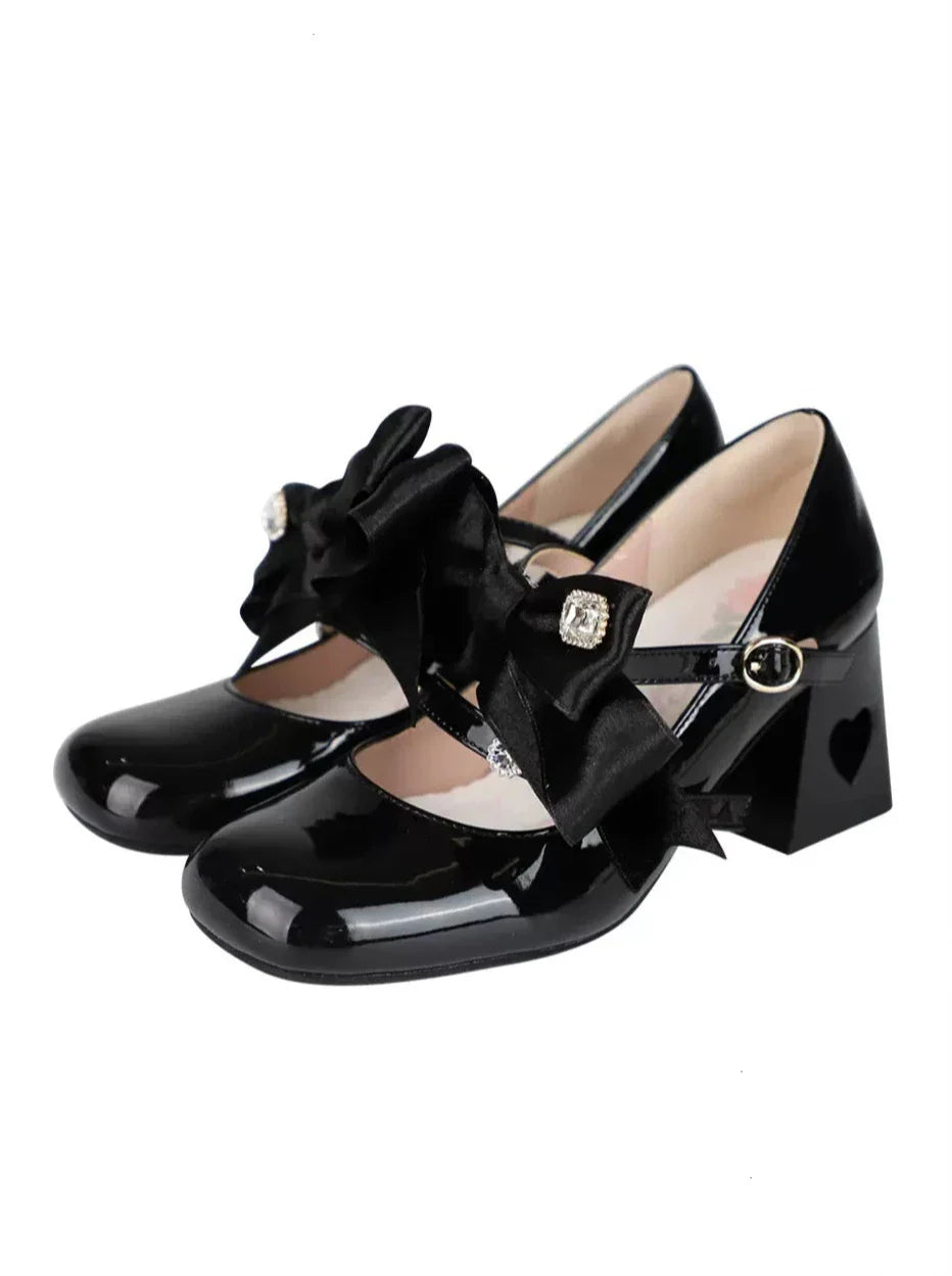 High Ribbon Heart Heel Shoes Ribbon Open Lolita Jewel