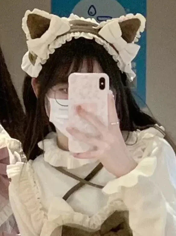 サスペンダードレスセット 耳付きベルベットテールヘアバンド フリル ふわふわ猫ハート