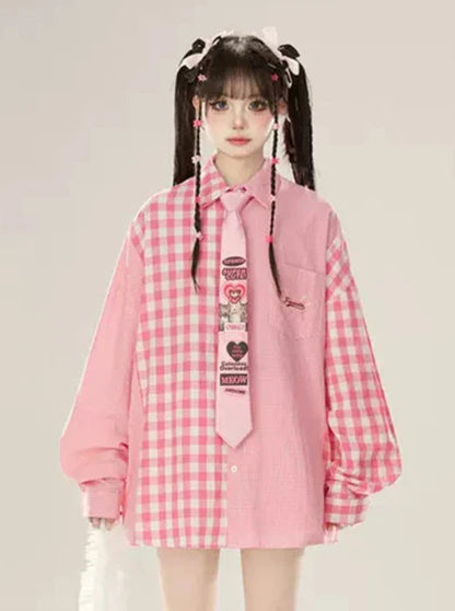 コントラストデニムサスペンダーピンクシャツスカートチェックルーズ+カラー