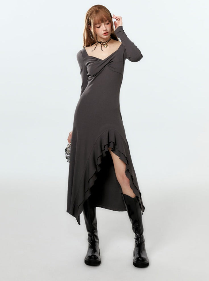 Kleid Lang Rüschen Asymmetrisch Schlitz Mode