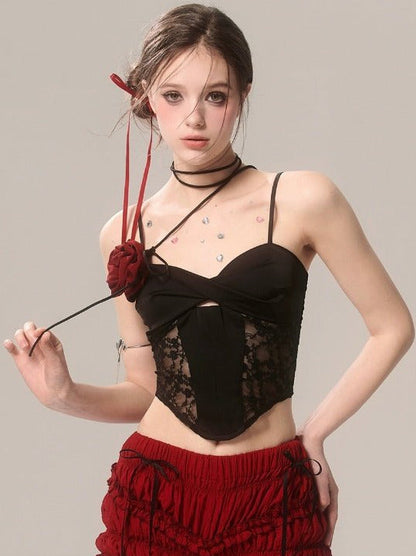 Rose French Short Top Spitze Schwarz Straps