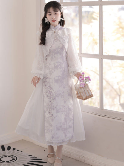 フリルチャイナドレス + 紫のカーディガン 薄手の花柄