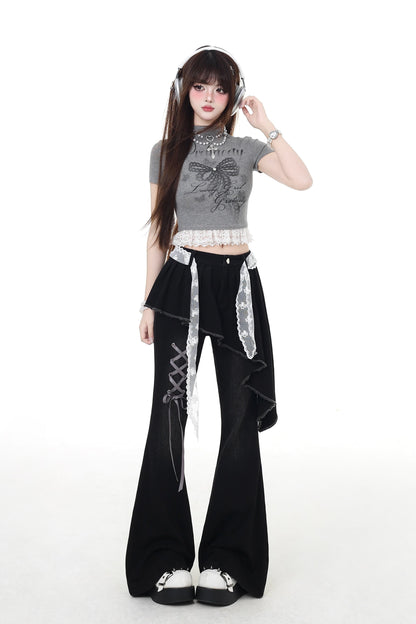 パンツ スリム レースアップ フレア ロング