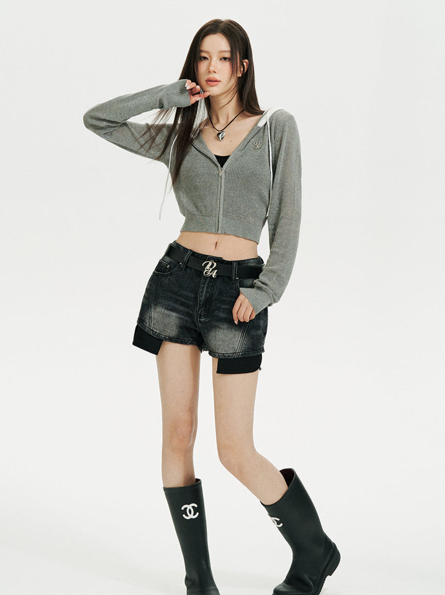 Kurzer/langer Hoodie aus transparentem Netzstrick mit Reißverschluss