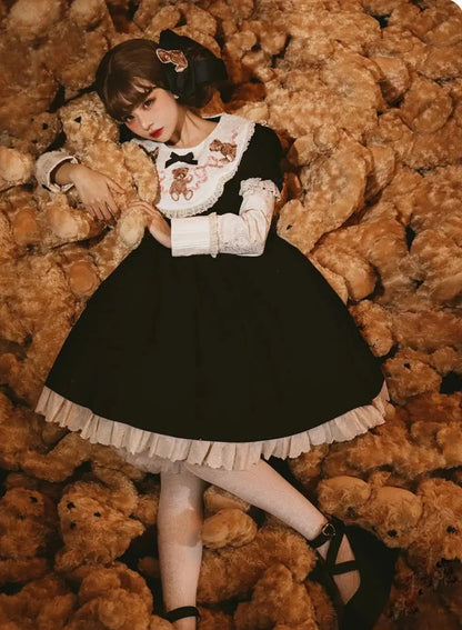 ロリータテディベアフラップレースパフスリーブリボンデレス