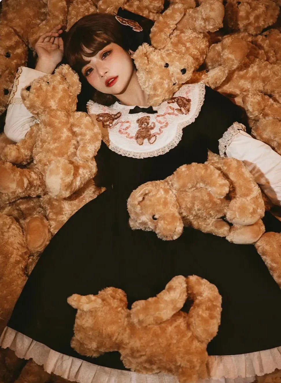 ロリータテディベアフラップレースパフスリーブリボンデレス