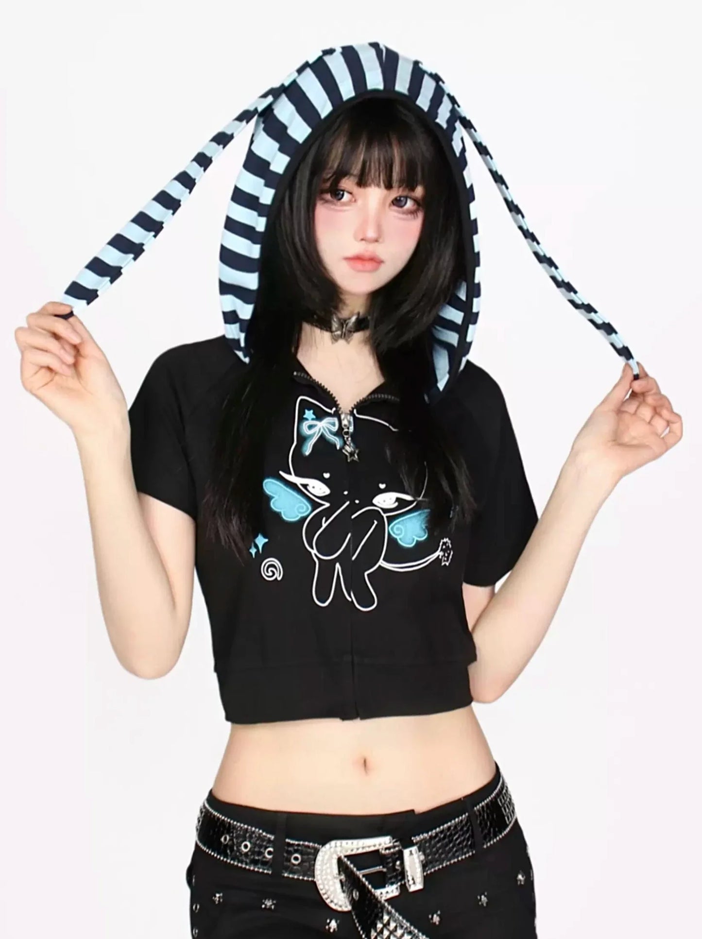 Bunny Print Short Angel Hoodie Zip Ears Cat T-Shirt
