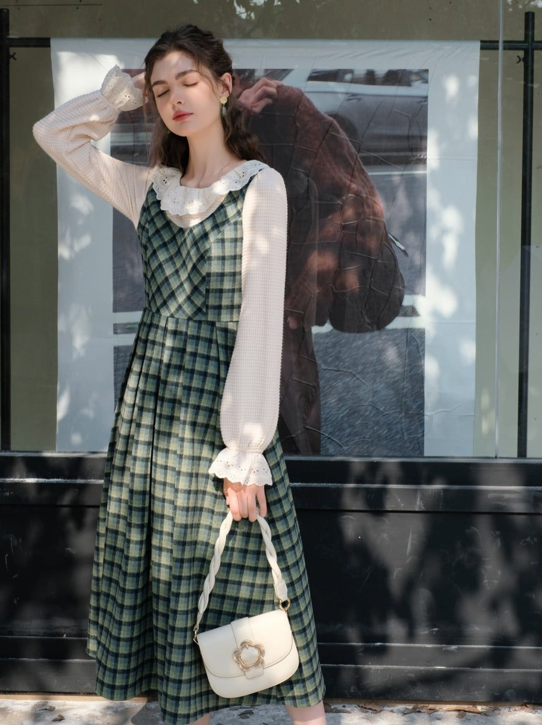 カラースカート レトロ サスペンダー グリーン チェック フリル ブラウス レース