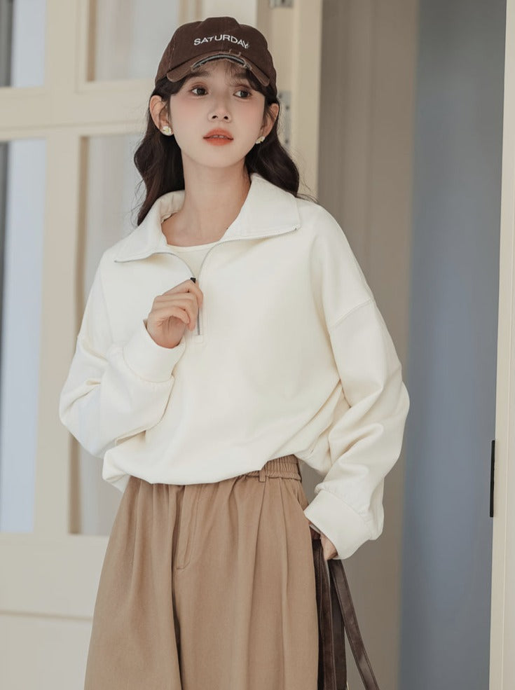 Pullover mit Reißverschluss, Sweatshirt im College-Stil, Revers