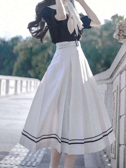 Hemd Elegante Boxärmel + Ohr Französischer Seemann Hase Retro Krawatte Puffkragen Faltenrock