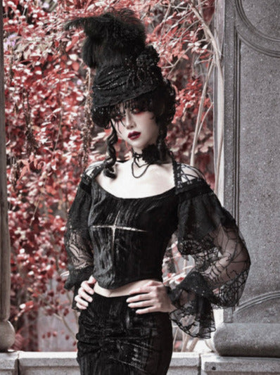 Spider Sleeve Gothic Lantern Top Velvet Lace Cross